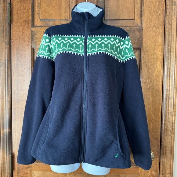 Nautica Navy Blue & Green w/Anchors Zip-Up Fleece Large - Picture 1 of 13